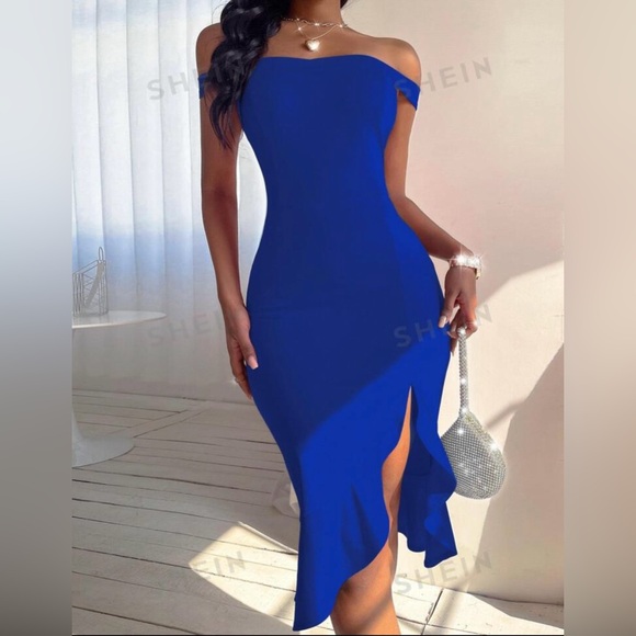 SHEIN Dresses & Skirts - SHEIN BAE Bardot Split Thigh Ruffle Hem Bodycon Dress, Blue, Size Small